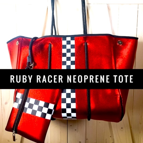 Neoprene Racer Tote Bag Purse - Ruby Red + black & white checks w/ silver + more - Picture 2 of 7